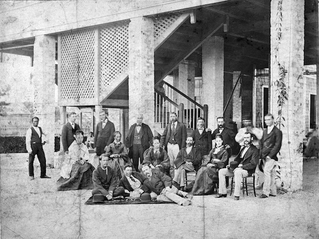 A photograph taken outside the Great House at the Enmore plantation in Giuana, c1876, where Sujaria had worked. Courtesy John Platt