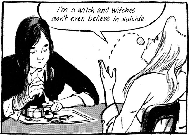 A panel from Jillian Tamaki and Mariko Tamaki’s Skim, a graphic novel set in a Catholic girls school in Toronto in the early 1990s whose protagonist, Skim, is a 16-year old Japanese-Canadian goth.