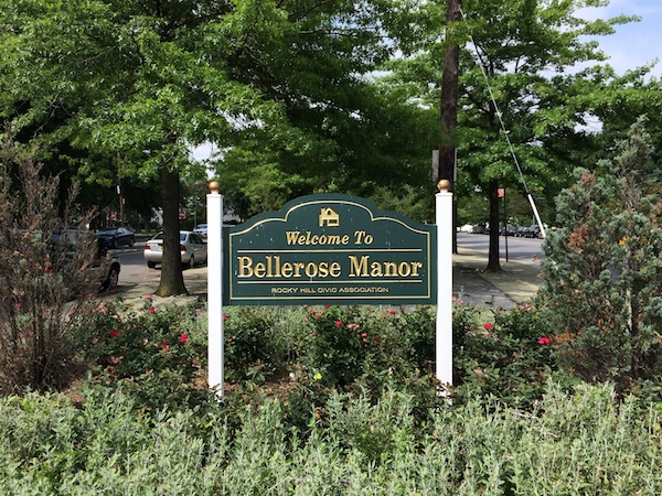 A sign on Winchester Blvd across from the campaign office greets visitors to Bellerose, a suburban-feeling neighborhood that has seen a huge influx of South Asian immigrants in the past 20 years.