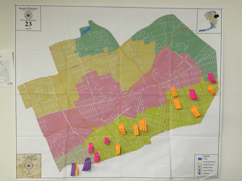 A huge map of the 23rd City Council district is the focal point of Ali Najmi’s campaign office. The Post-Its represent the neighborhoods where his campaign has knocked on doors to collect petition signatures so far.