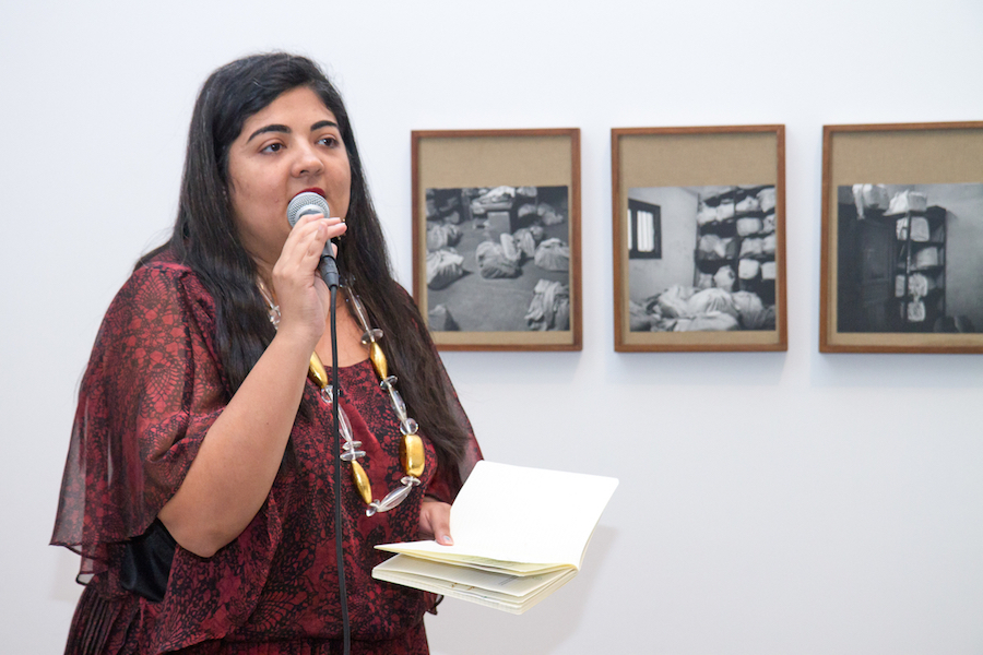 Swati Khurana reading at the Queens Museum on August 30. Photo by Preston Merchant.