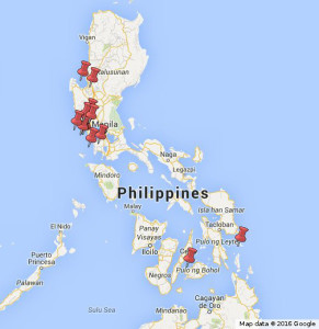 Red pins show some of the largest U.S. military facilities in the Philippines.