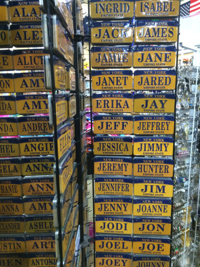 Name plates abound in Manhattan's souvenir shops. Photo by Noel Pangilinan