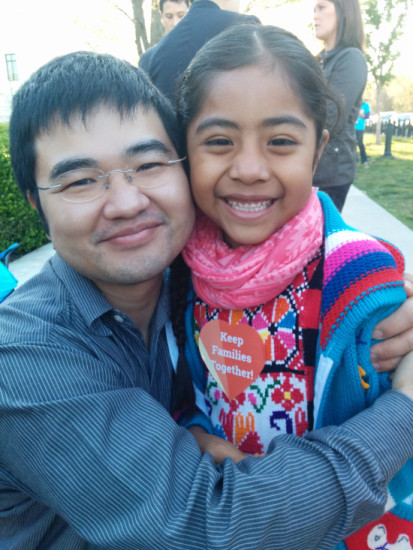 Caption for photo: Jong-Min with Sophie Cruz, a Mexican-American child of undocumented parents, outside the Supreme Court on April 18. 