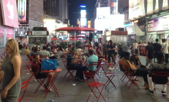 The pedestrian plazas at Times Square take over many road curbs where vendors used to be allowed to set up their stands.