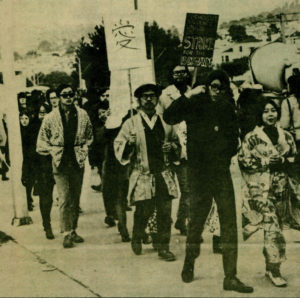 From a newspaper printed in 1969 by the Asian American Political Alliance (AAPA), San Francisco State University's Third World Liberation Front (TWLF) chapter holds a picket line. Photo credit to Asian American Movement 1968