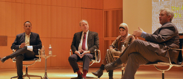 Writer and academic Moustafa Bayoumi, former AP editor Michael Oreskes and Arab American activist Linda Sarsour listen to Apuzzo during the discussion at the CUNY Graduate Center.